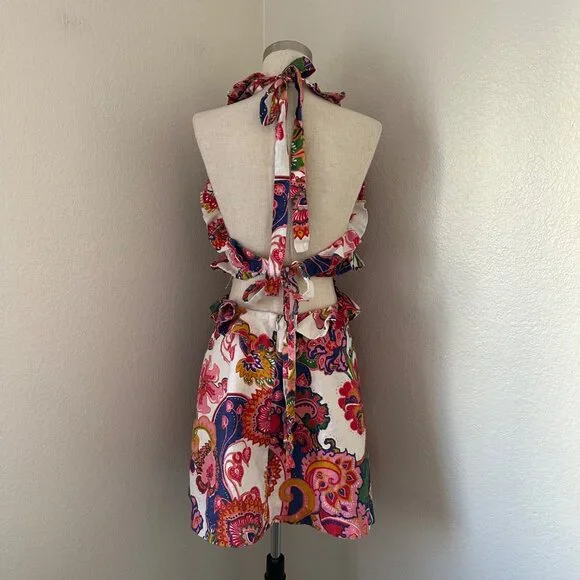 Zimmermann Lovestruck Sleeveless Halter Dress Multicolor Paisley Print Tie Back
